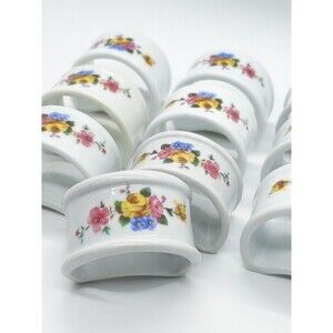 Vintage Somerset Porcelain white napkin rings with floral design set of 10